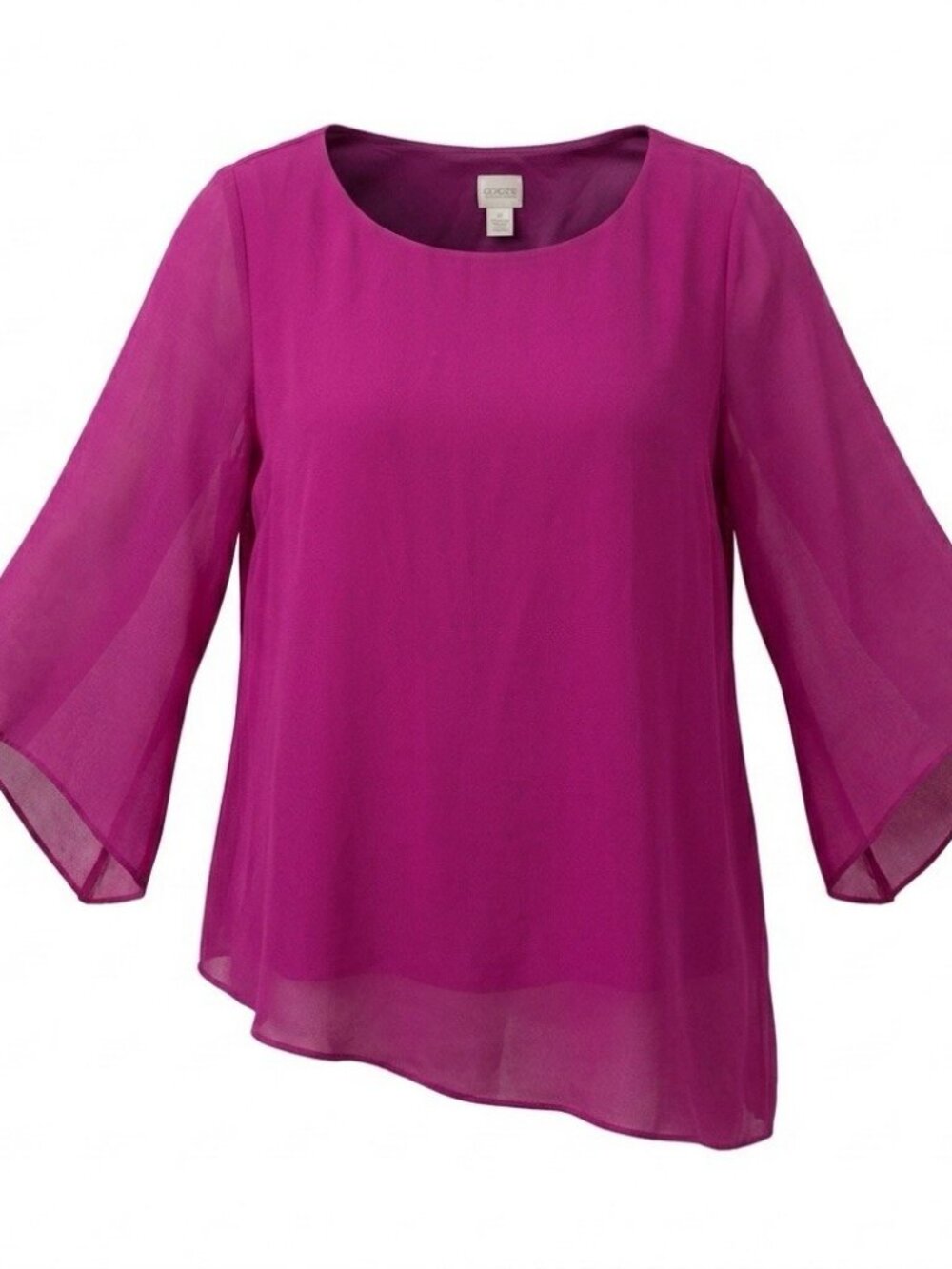 Chico's Asymmetrical Drama Top Fuchsia Pink Chiffon Bell Sleeve Blouse Size 2